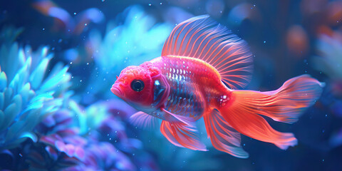 Fish Fin Rot: The Fin Degradation and Behavioral Changes - Picture a fish with highlighted fins showing bacterial infection, experiencing fin degradation and behavioral changes