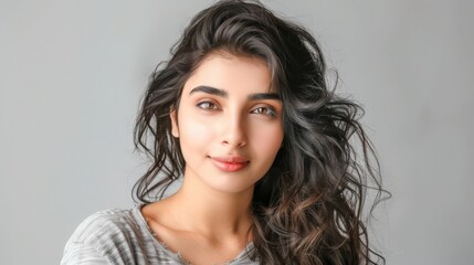 Naklejka premium Pretty confident Pakistan female with fair hair, dressed casually, looking with satisfaction at camera, being happy. Studio shot of good-looking beautiful woman isolated against blank studio wall.