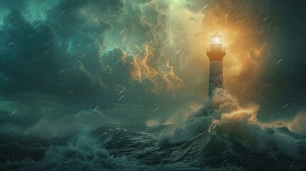 A vintage lighthouse standing tall against stormy seas, guiding ships safely through treacherous waters with its beacon of light. - obrazy, fototapety, plakaty
