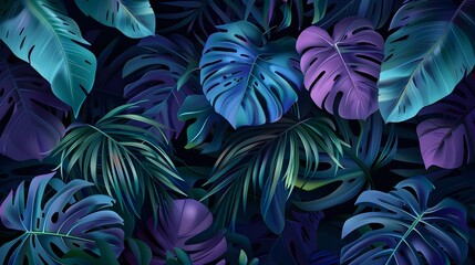 tropical palm leaves in dark green blue purple shades