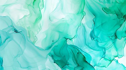 Fotobehang A cool and refreshing alcohol ink art piece, featuring shades of turquoise and seafoam green, evoking the clarity and purity of tropical waters.  © Aliya