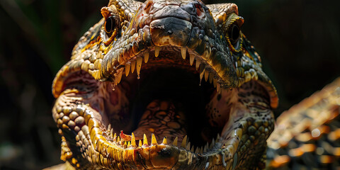 Reptile Mouth Rot: The Oral Lesions and Difficulty Eating - Imagine a reptile with highlighted mouth showing bacterial infection, experiencing oral lesions and difficulty eating, illustrating the symp - obrazy, fototapety, plakaty