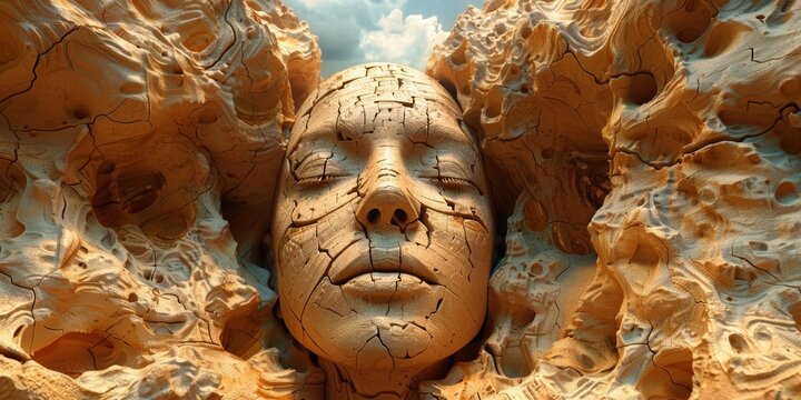 Abstract Human Face Sculpture in Desert