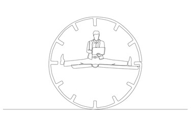 Continuous one line drawing of businessman sitting with legs spread on clock hands and working with laptop, flexible working concept, single line art.