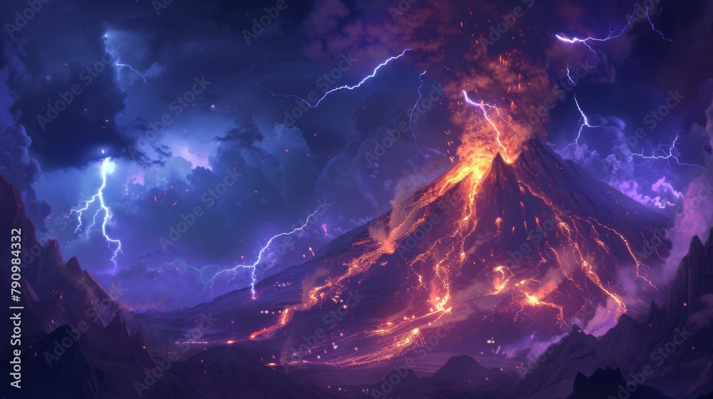 Poster A volcanic lightning storm illuminating the night sky above an erupting volcano, adding an electrifying element to the fiery display.