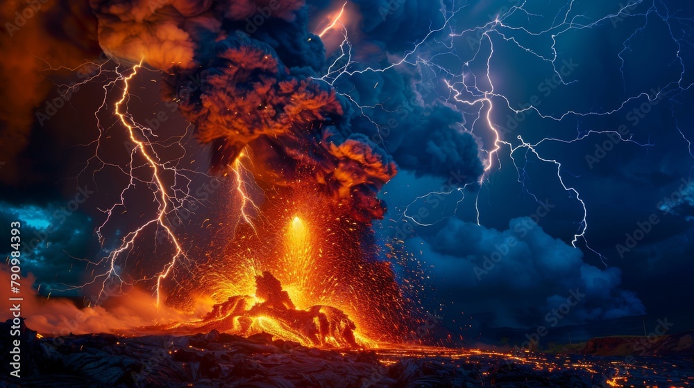 Poster A volcanic lightning storm illuminating the night sky above an erupting volcano, adding an electrifying element to the fiery display.
