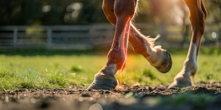 Equine Tendonitis: The Leg Swelling and Lameness - Picture a horse with highlighted leg showing tendon inflammation, experiencing leg swelling and lameness