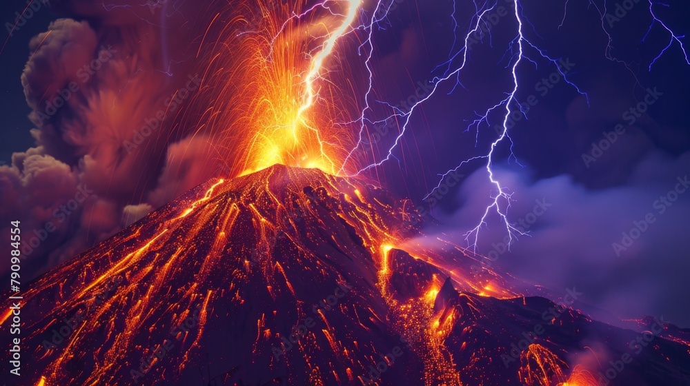 Poster A volcanic lightning storm illuminating the night sky above an erupting volcano, adding an electrifying element to the fiery display.