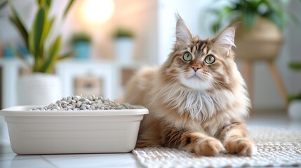 A cat is laying on a rug next to a litter box, cozy indoor background with plants.
