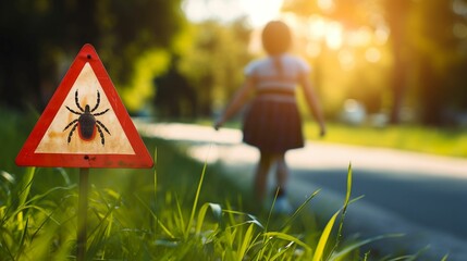 A child is walking near by lawn with a red and white triangle sign that says "Beware of ticks". Insurance case brochure template. Outdoor background.
