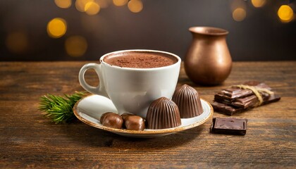 a cup of hot chocolate with chocolates on a brown wooden table
