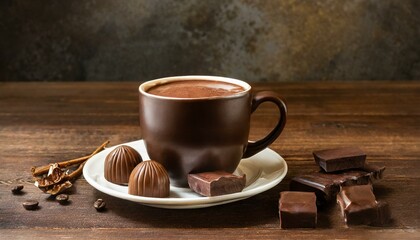 a cup of hot chocolate with chocolates on a brown wooden table