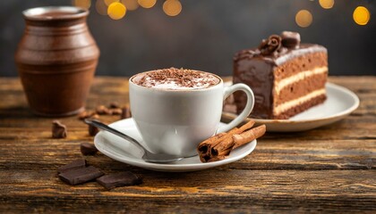 a cup of cappuccino with chocolate cake on a brown wooden table