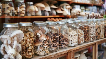 Farmers market stall with lots of dried mushrooms