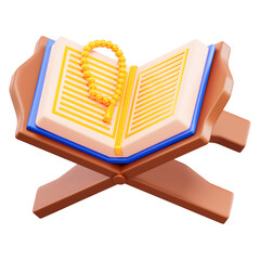 3D rendering of Al Quran and prayer beads on stand