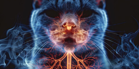 Feline Asthma: The Coughing and Labored Breathing - Imagine a cat with highlighted lungs showing inflammation, experiencing coughing and labored breathing - obrazy, fototapety, plakaty