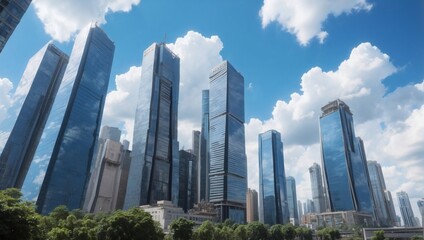 Fototapeta na wymiar Skyward cityscape, gaze past tall buildings to the blue sky and clouds.