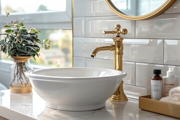 Industrial Glamour A gold faucet with an industrialinspired design, set against a glossy white sink, blending modern and vintage elements for a unique bathroom style 8K , high-resolution, ultra HD,up3
