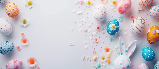 Easter eggs and the Easter bunny on a white backdrop with space for text. Top-down view of an Easter-themed scene.