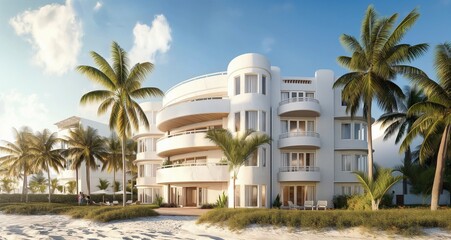 Fototapeta na wymiar Art Deco beachfront resort with white stucco facade and nautical motifs