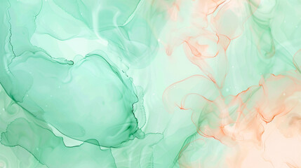 A fluid alcohol ink texture that merges soft shades of mint green with blush pink, creating a refreshing and romantic abstract background. Ideal for designs that aim to be gentle and inviting.