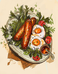 Fried eggs with tits and tomatoes with herbs and sauce - obrazy, fototapety, plakaty