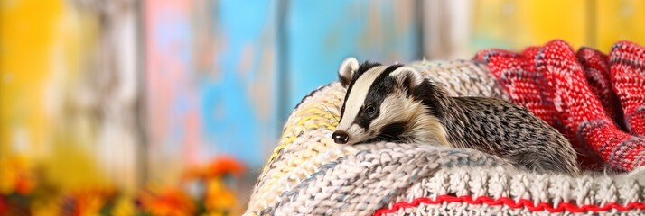 Naklejka premium A small brown and black badger is laying on a blanket in a cozy interior indoor background.