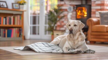 A white Labrador dog is laying on a blanket in front of a fireplace, cozy indoor background.