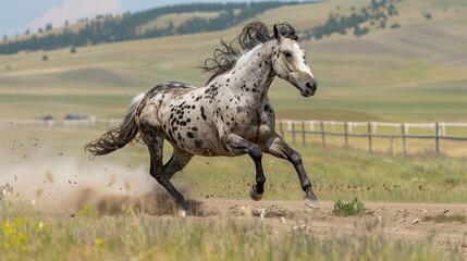 An Appaloosa horse with white and brown coat runs across a field.