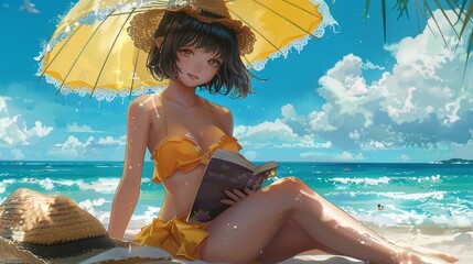 Seaside Relaxation An anime drawing of a woman sitting under an umbrella in a yellow bikini and a straw hat, enjoying a book while listening to the sound of the ocean 8K , high-resolution, ultra HD,up