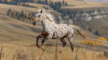 An Appaloosa horse with white and brown coat runs across a field.