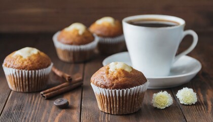 breakfast with muffins and coffee on a brown wooden table