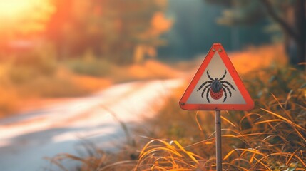 Beware of Ticks triangle warning sign, risk of Encephalitis Virus or Lyme Borreliosis disease. Autumn outdoor background. Insurance case brochure template.