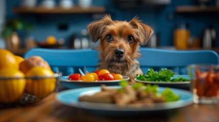 Cute hungry dog looking at food on the kitchen table.