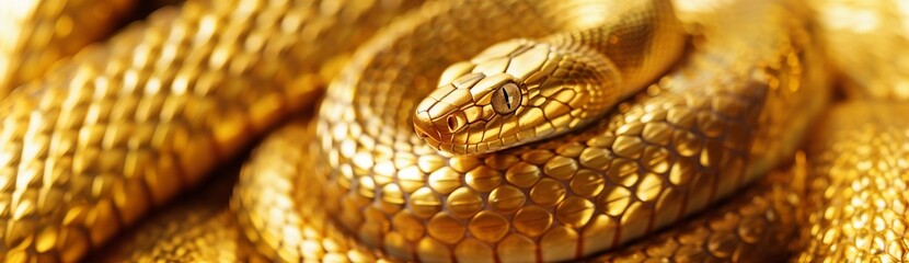 Close up golden snake with shiny scales, symbol of new 2025 year, horizontal greeting card template.