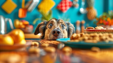Cute hungry dog looking at food on the kitchen table.
