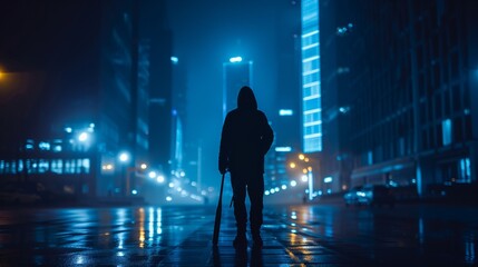 Night city scene with silhouette of dangerous criminal man with a baseball bat in his hand and wearing hood, looking for a victim, illustration for true crime story.