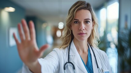 Serious female doctor holding up her hand in rejection or stop sign.