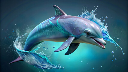 A lively dolphin leaps over a splash of water, its dynamic movement captured against a blue-green background. The creature has a playful expression and the water droplets are frozen.AI generated.