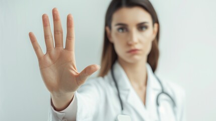 Serious female doctor holding up her hand in rejection or stop sign.