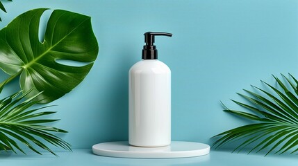 White dispenser bottle next to tropical leaves, bright blue background. Skincare beauty product mock up.