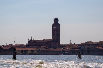 Scenic view from ferry of church Madonna dell'Orto in sestiere of Cannaregi, Venice, Veneto, Italy,...