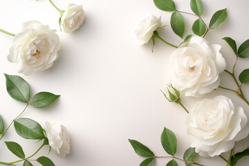 White roses with green leaves arranged on a white background.