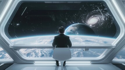 Businessman Observing Earth from Space Station - 790986358