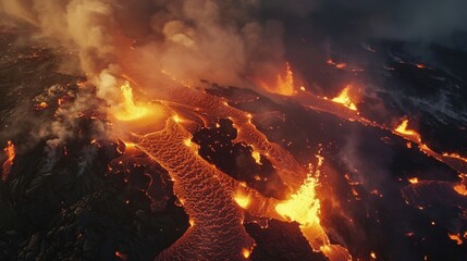 Aerial footage of a lava flow advancing through a barren landscape, consuming everything in its path with relentless force.