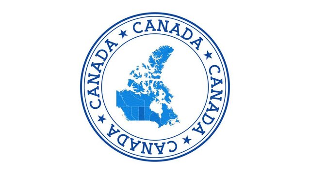 Canada intro. Badge with the circular name and map of the country. Canada round logo animation.