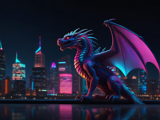 A synthwave dragon in a neon-lit cityscape: sleek, metallic, with holographic scales and neon eyes. High fashion photo captures its ethereal beauty, fire