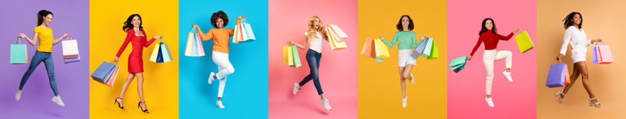 Women On Shopping Spree Jumping On Colorful Background