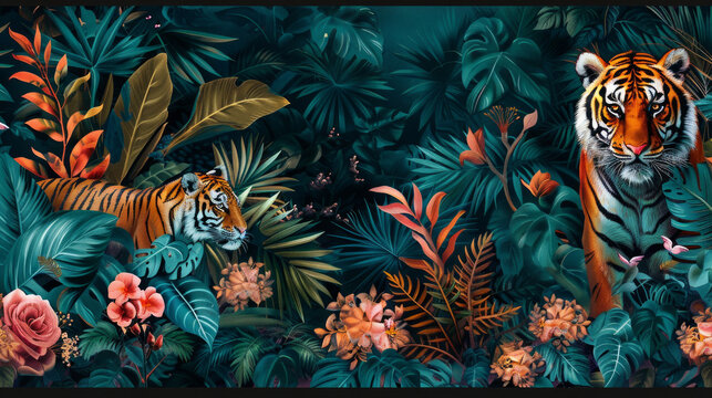 Giungla , illustrazione tropicale. Sfondo floreale tropicale con palme, piante, animali selvatici tigre, uccelli. Carta da parati della giungla esotica per stanza  bambini, sfondo verde