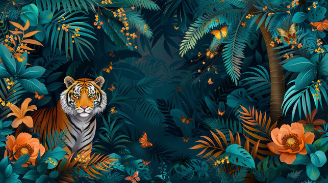 Giungla , illustrazione tropicale. Sfondo floreale tropicale con palme, piante, animali selvatici tigre, uccelli. Carta da parati della giungla esotica per stanza  bambini, sfondo verde